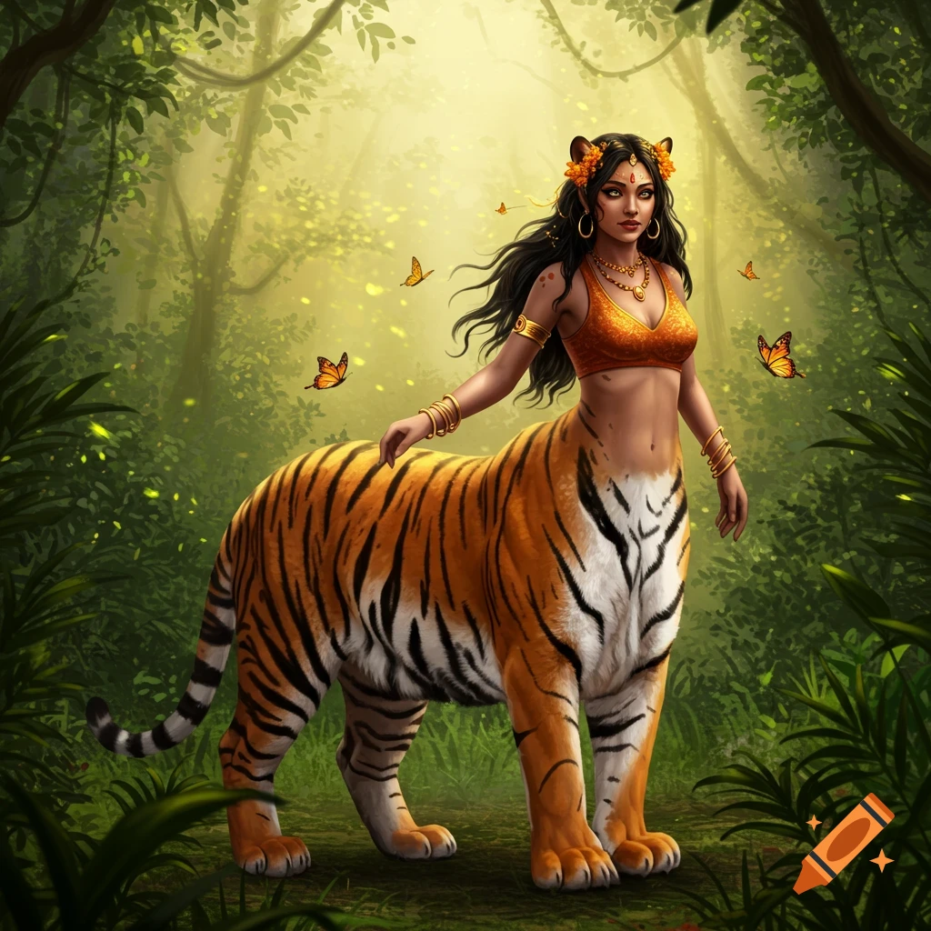 A female tiger centaur with Indian features stands in a lush green jungle, surrounded by butterflies. She wears a golden top and jewelry.