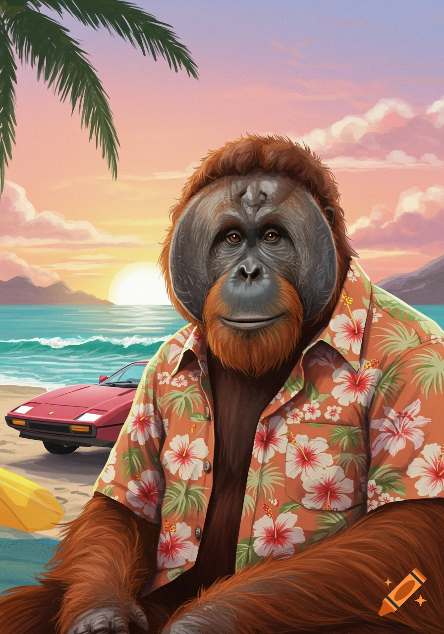 An orangutan in a Hawaiian shirt on a tropical beach with a red sports car at sunset, illustrated.