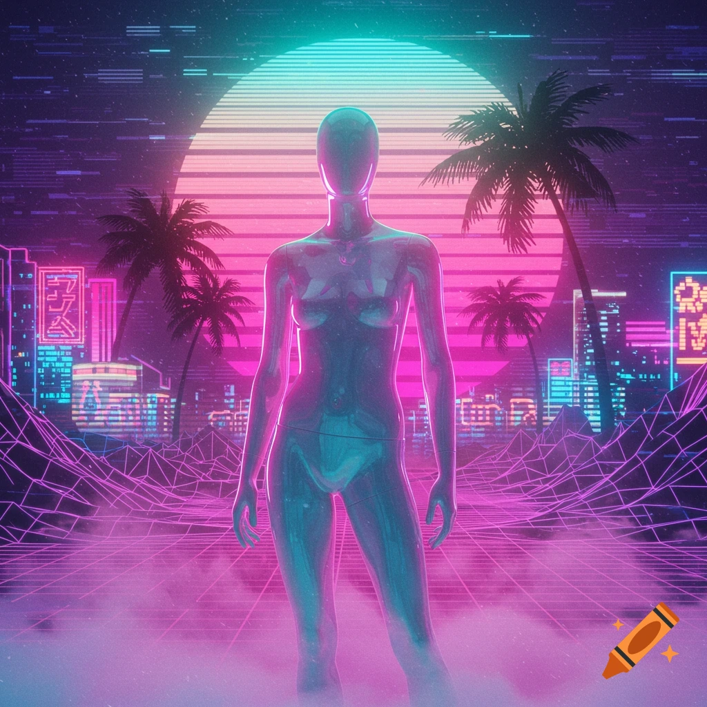 A shiny, teal and pink mannequin stands in a vibrant vaporwave cityscape with a large sunset, palm trees, and grid lines.
