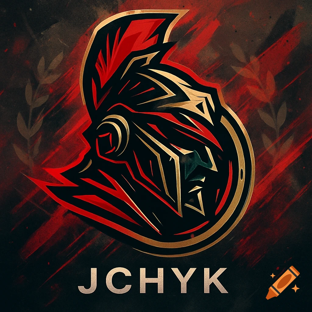 Bold, stylized red and black logo with gold accents depicting a warrior helmet, with 'JCHYK' text below.