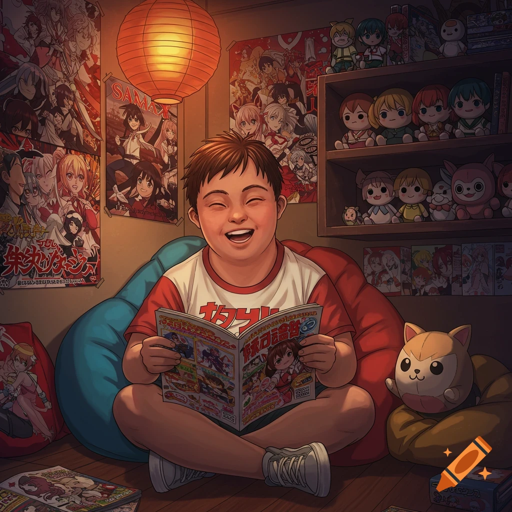 A smiling boy with Down syndrome sits on a beanbag chair, happily reading a manga comic book in an anime-themed room filled with posters and plush toys.