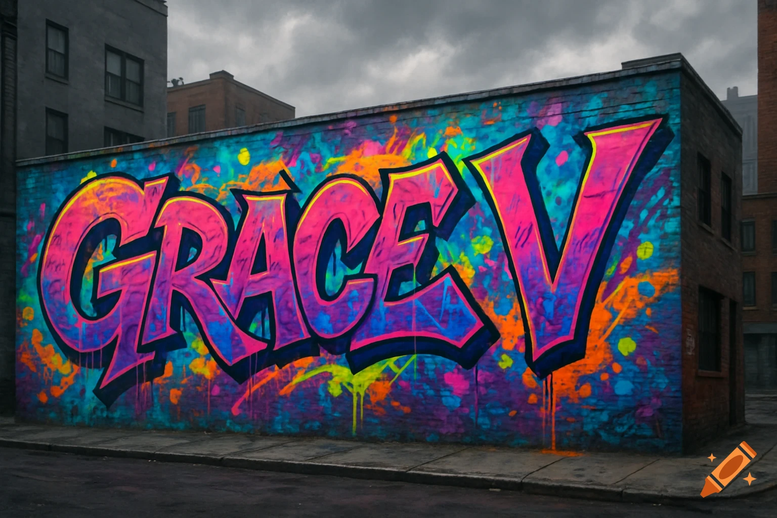 Vibrant graffiti art spelling 'Grace V' on a brick wall in an urban setting under a cloudy sky.