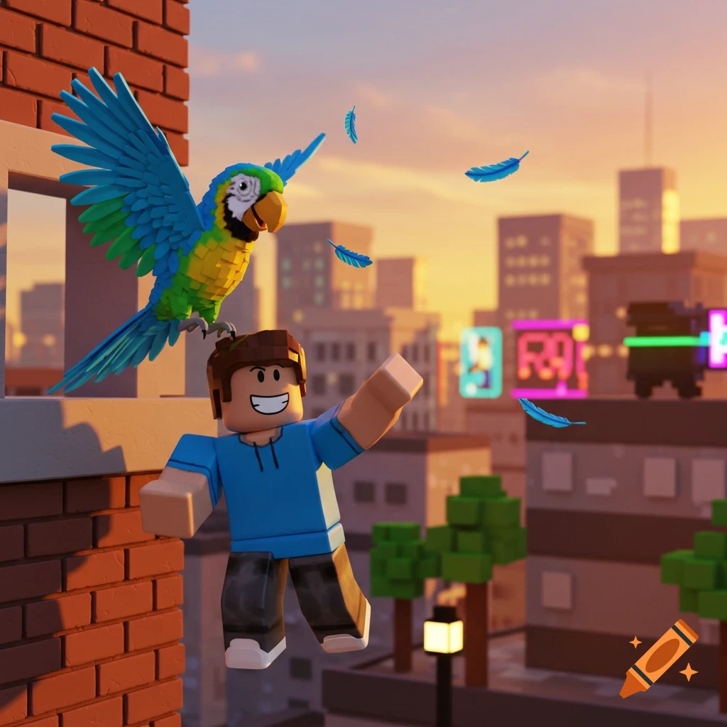 A Roblox character stands on a building ledge with a large blue and yellow parrot on their head, feathers falling, overlooking a blocky city at sunset.