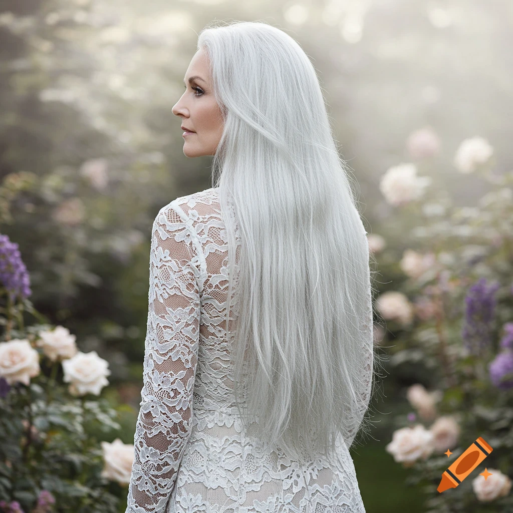 Woman with long white hair in a white lace dress, looking left in a soft-focus garden with flowers.