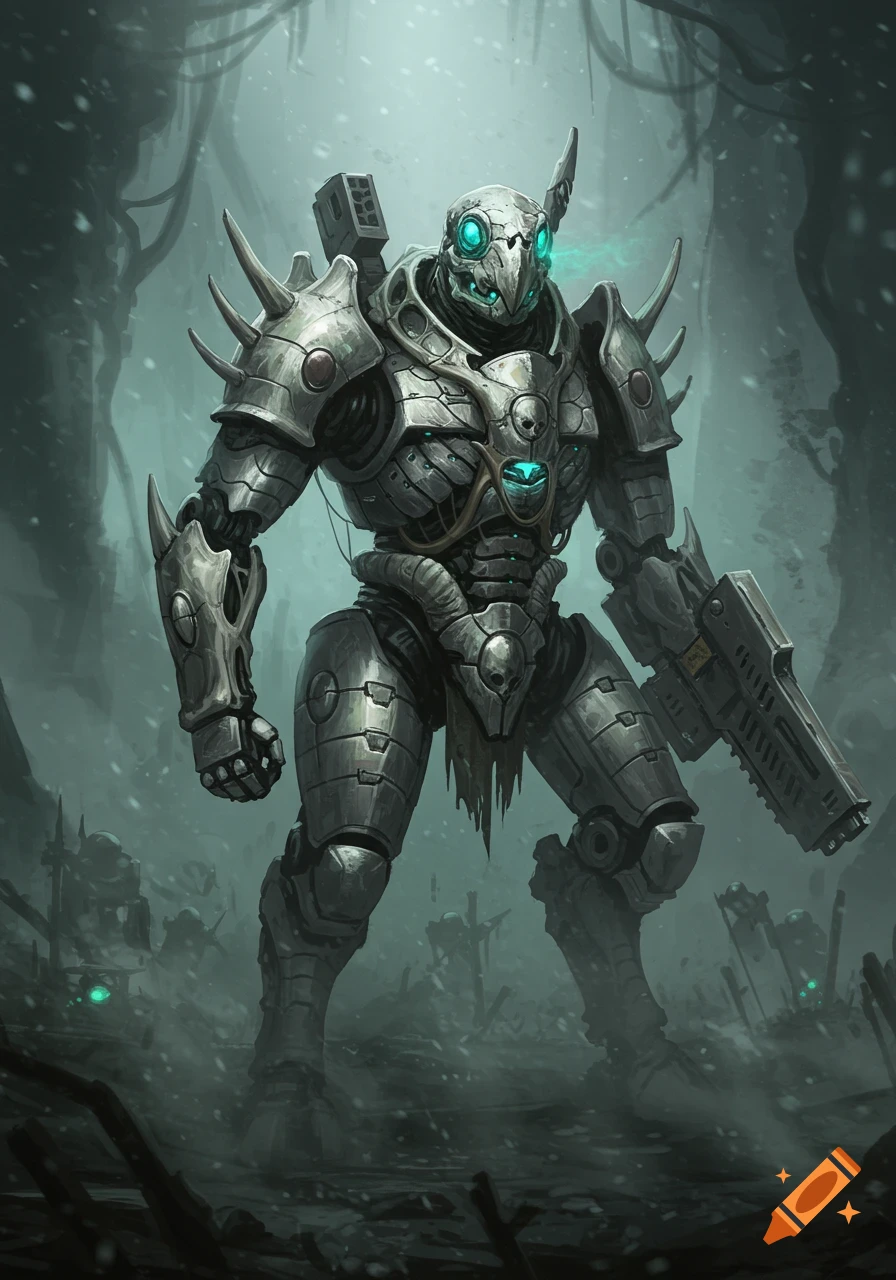 A heavily armored futuristic battlesuit with a skull-like head, glowing blue eyes, spikes, and a large weapon, stands in a misty, desolate landscape.