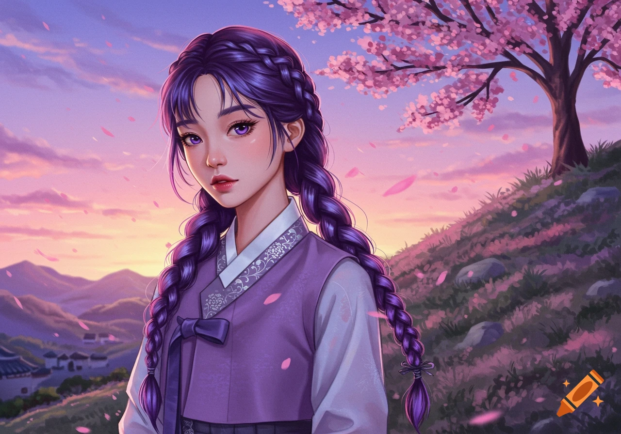 A portrait of a young woman with long purple braids in a hanbok, standing on a hill with a cherry blossom tree against a sunset sky.