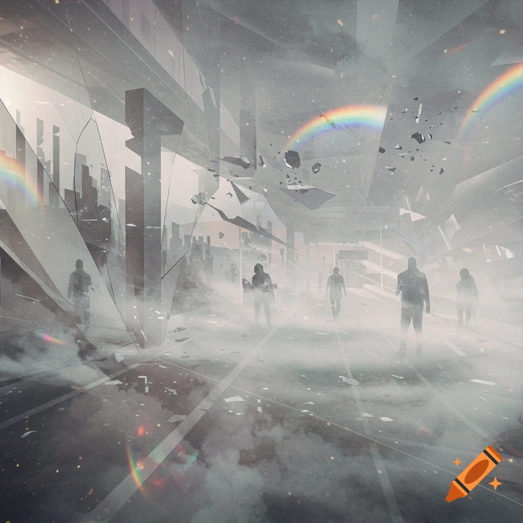 An abstract, surreal image depicts silhouetted figures walking through a foggy, shattered urban landscape with light flares and rainbows.