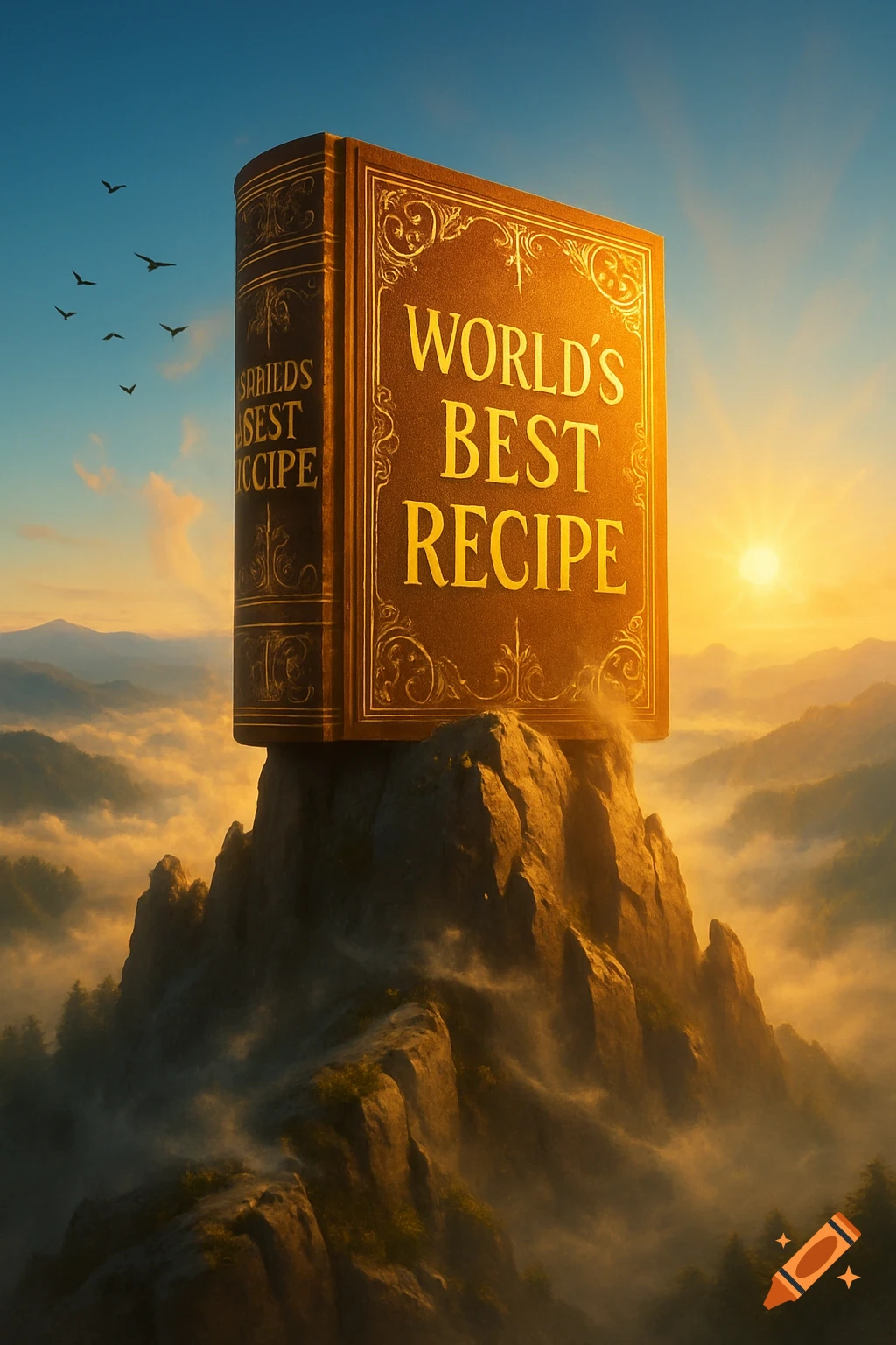A colossal book titled 'WORLD'S BEST RECIPE' sits atop a towering mountain peak amidst clouds at sunrise, with birds flying in the sky.