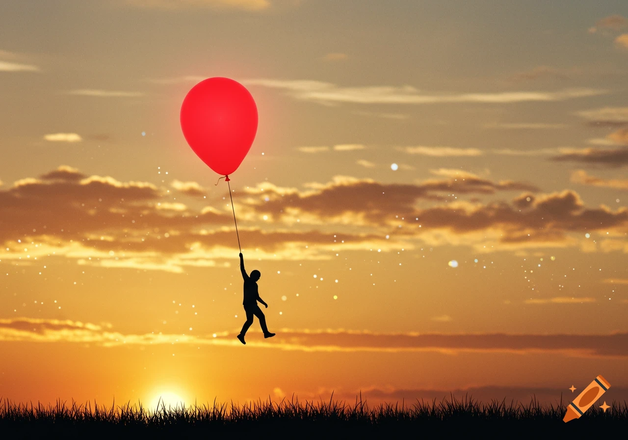 A silhouette of a person floats in a sunset sky, holding onto a large red balloon.