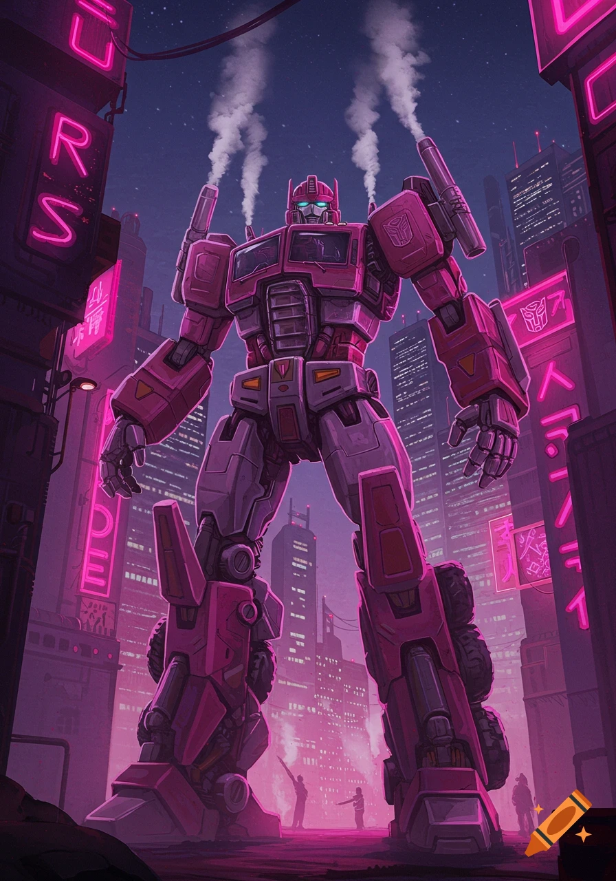 A large pink and gray Transformer robot stands in a neon-lit cyberpunk city at night, with steam rising from its shoulders.