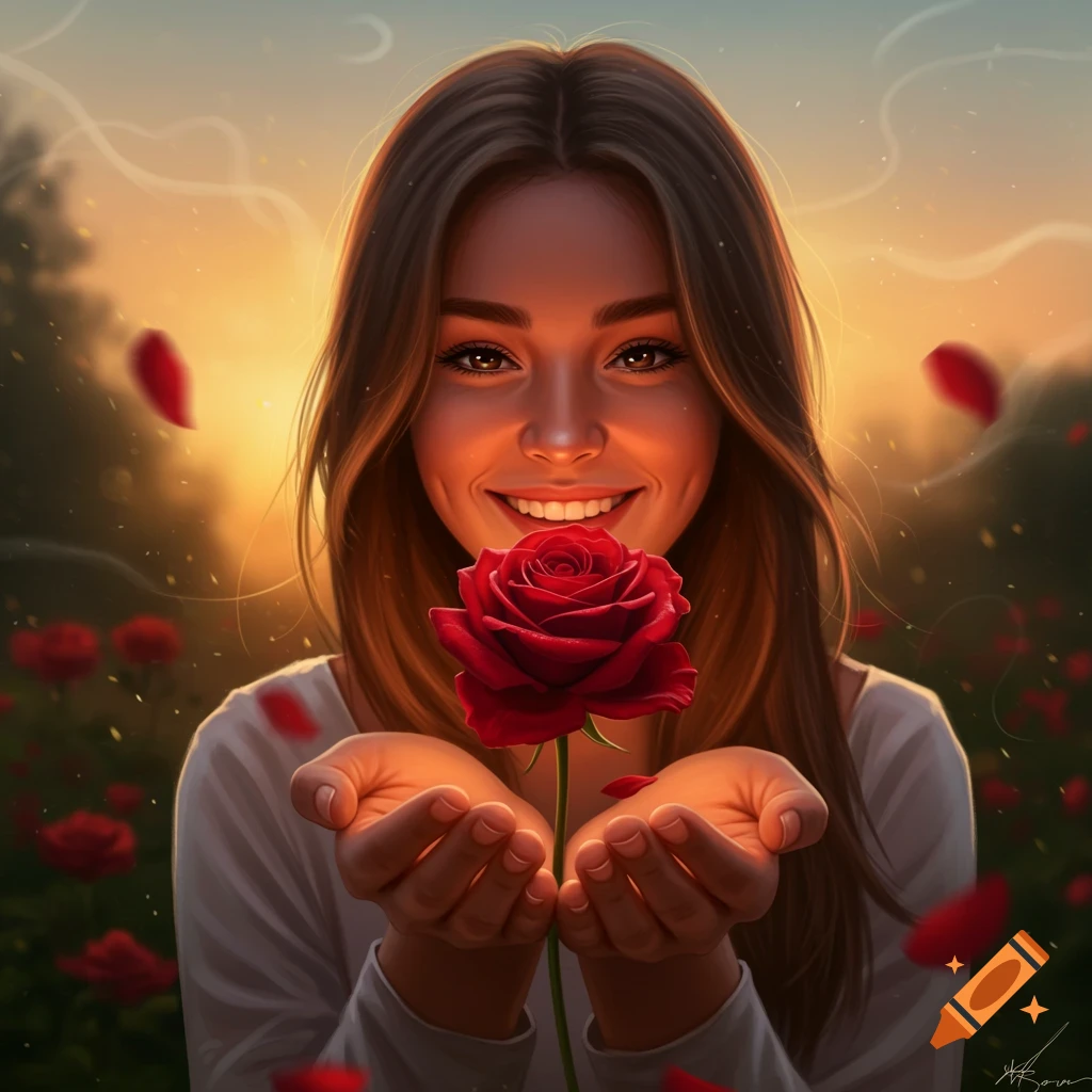 A smiling woman with long brown hair holds a single red rose in her hands at sunset in a rose garden, with rose petals falling around her.