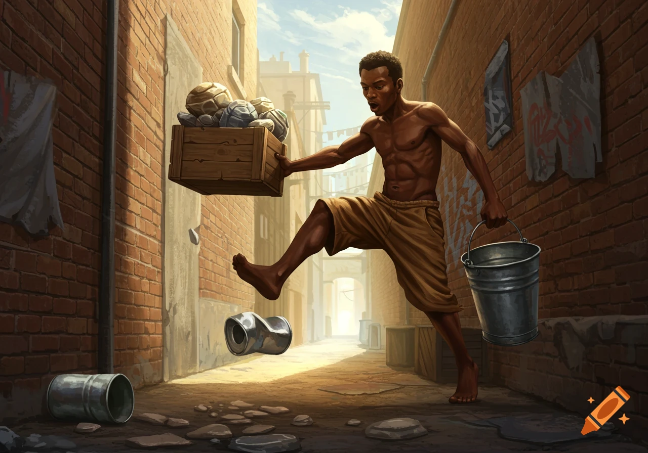 A shirtless man in an urban alley carries a wooden box of rounded objects and a metal bucket, mid-kick of a crumpled can.