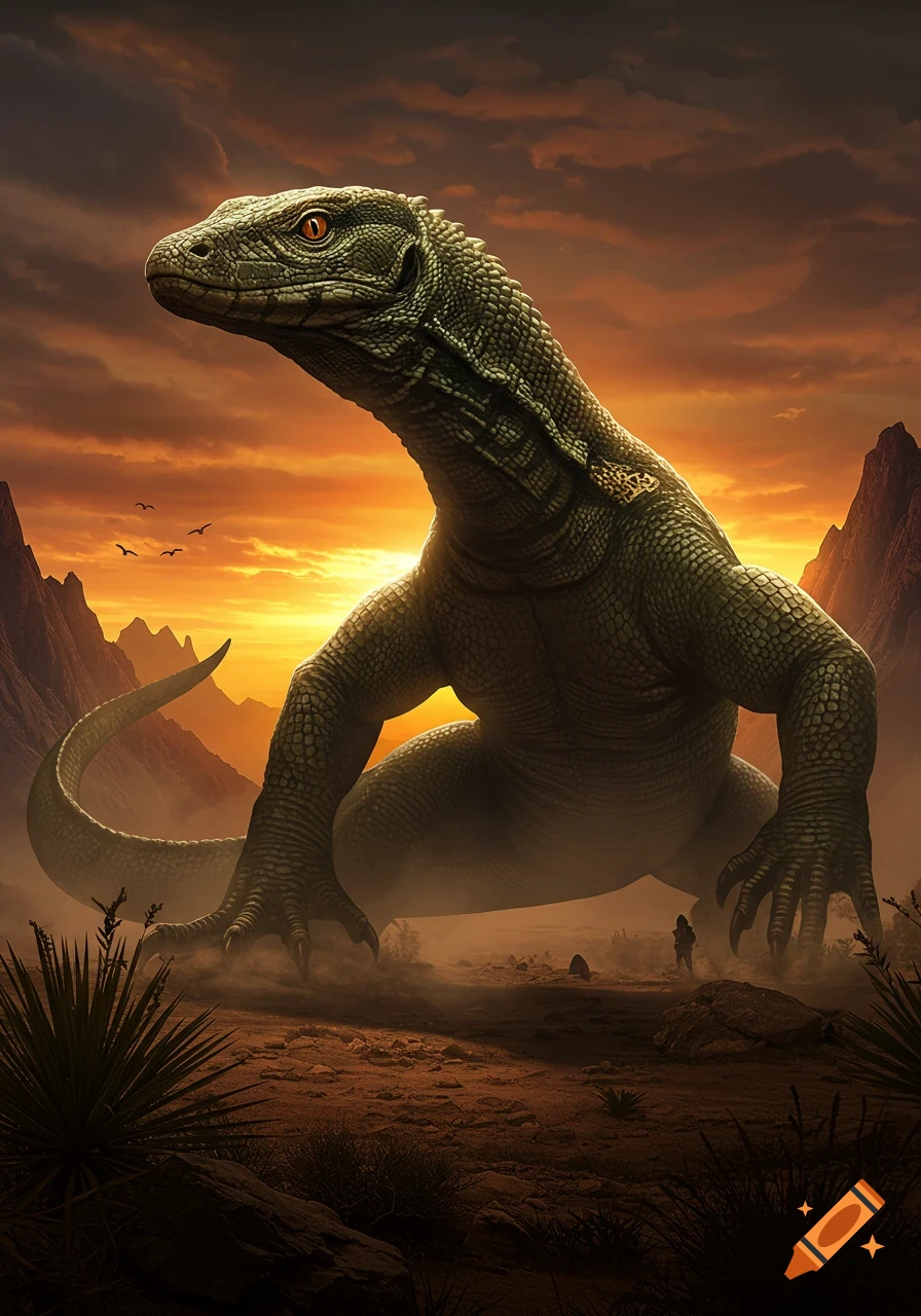 A colossal monitor lizard monster stands in a vast, dusty desert landscape under a dramatic orange and dark sky with mountains in the distance.