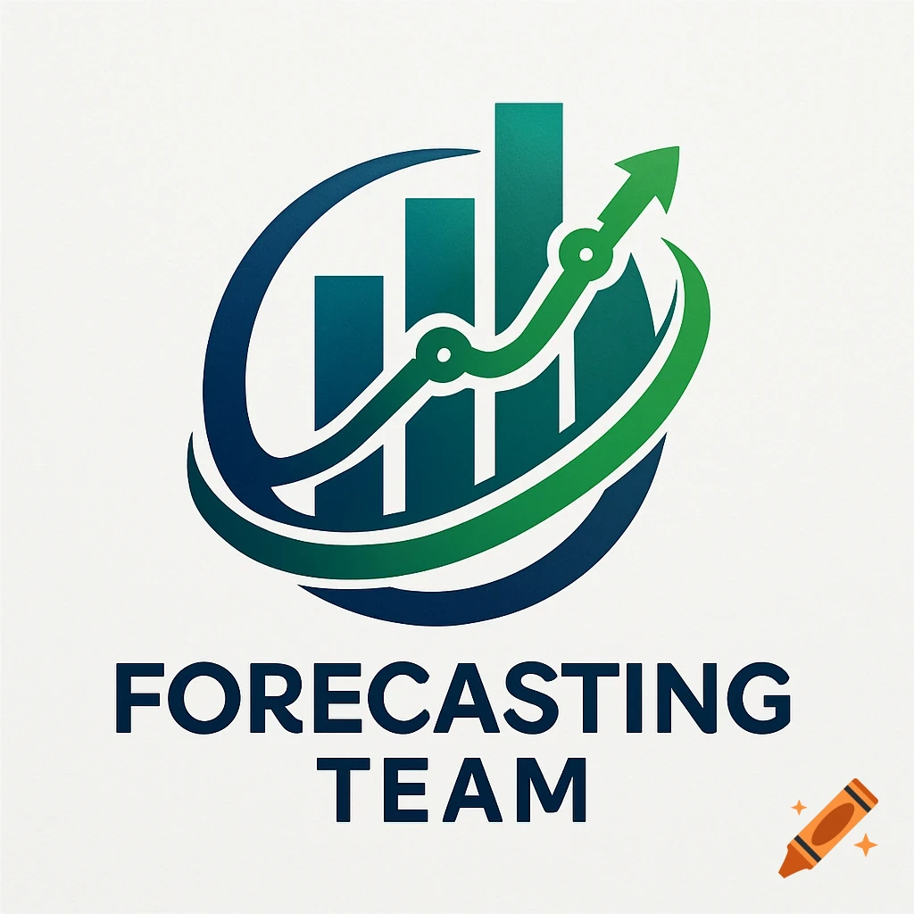 A logo featuring a bar chart and an upward trend arrow within an oval, with the text 'FORECASTING TEAM' below.