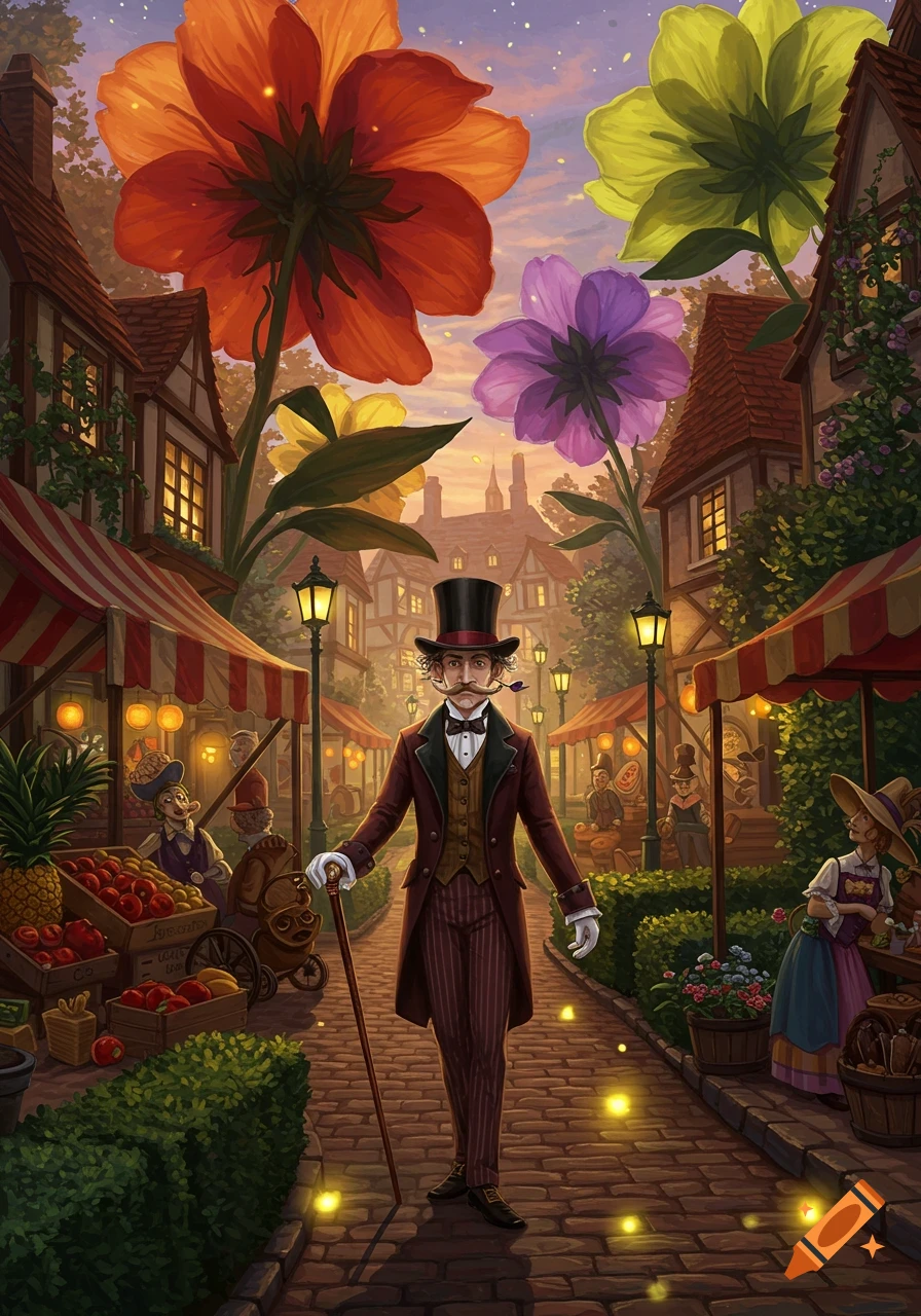 A dandy in a top hat and suit walks through a charming market street lined with giant flowers and quaint buildings at dusk, in a whimsical art style.