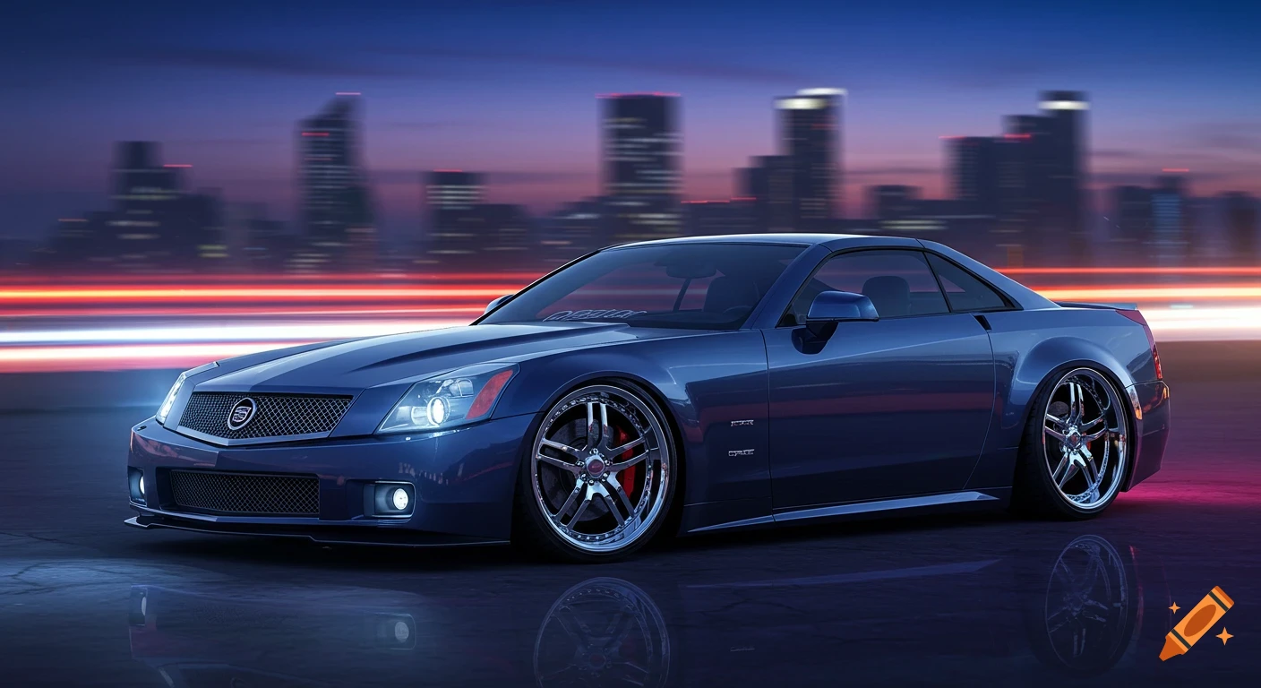 A sleek, dark blue Cadillac XLR-V with a widebody kit is parked on a reflective surface against a blurred city skyline at dusk, with red and white light trails.