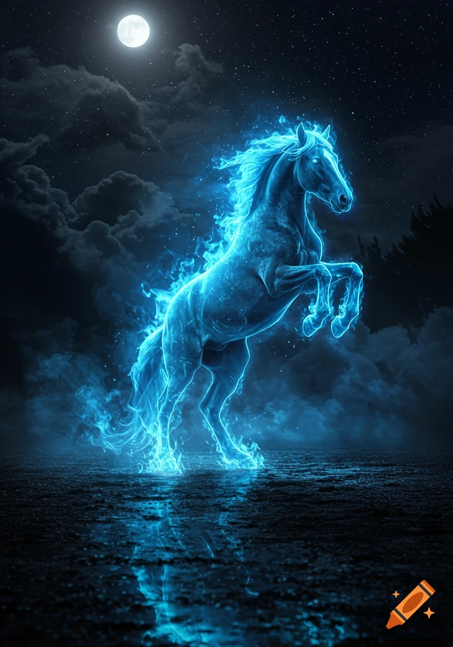 A radiant blue fiery horse stands on its hind legs under a full moon in a mystical night landscape.