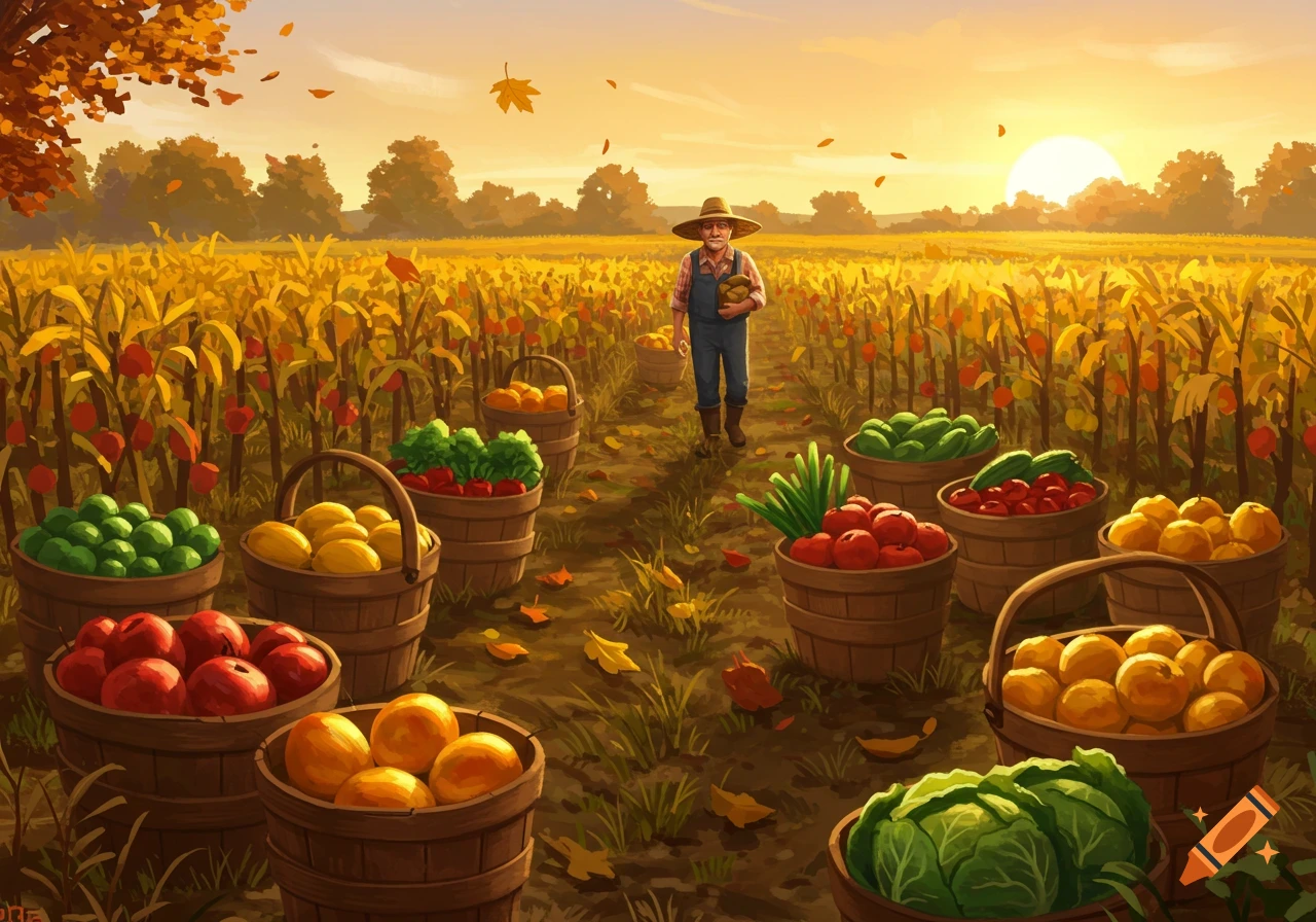 A farmer stands in a golden field at sunset, surrounded by baskets overflowing with a variety of freshly harvested fruits and vegetables.