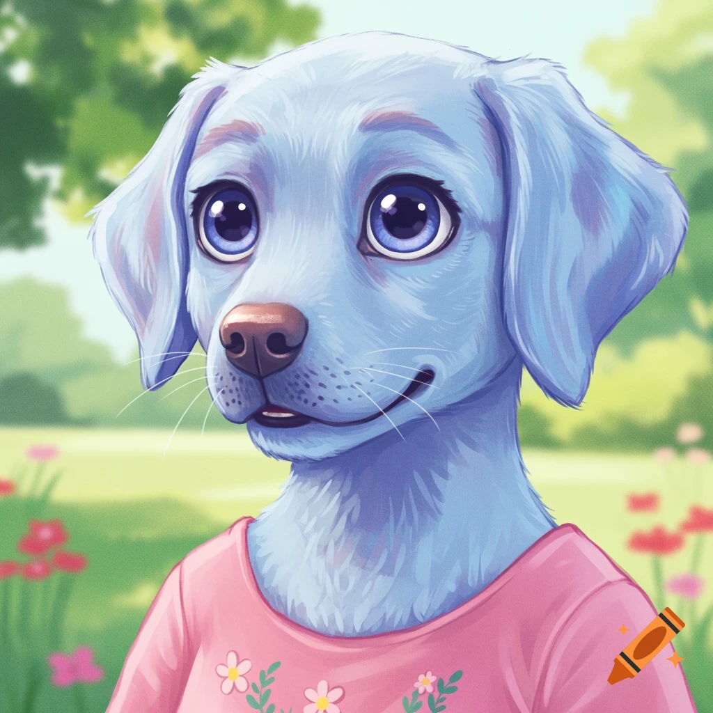 A pastel blue cartoon labrador wearing a pink top with flowers, in a grassy outdoor setting.