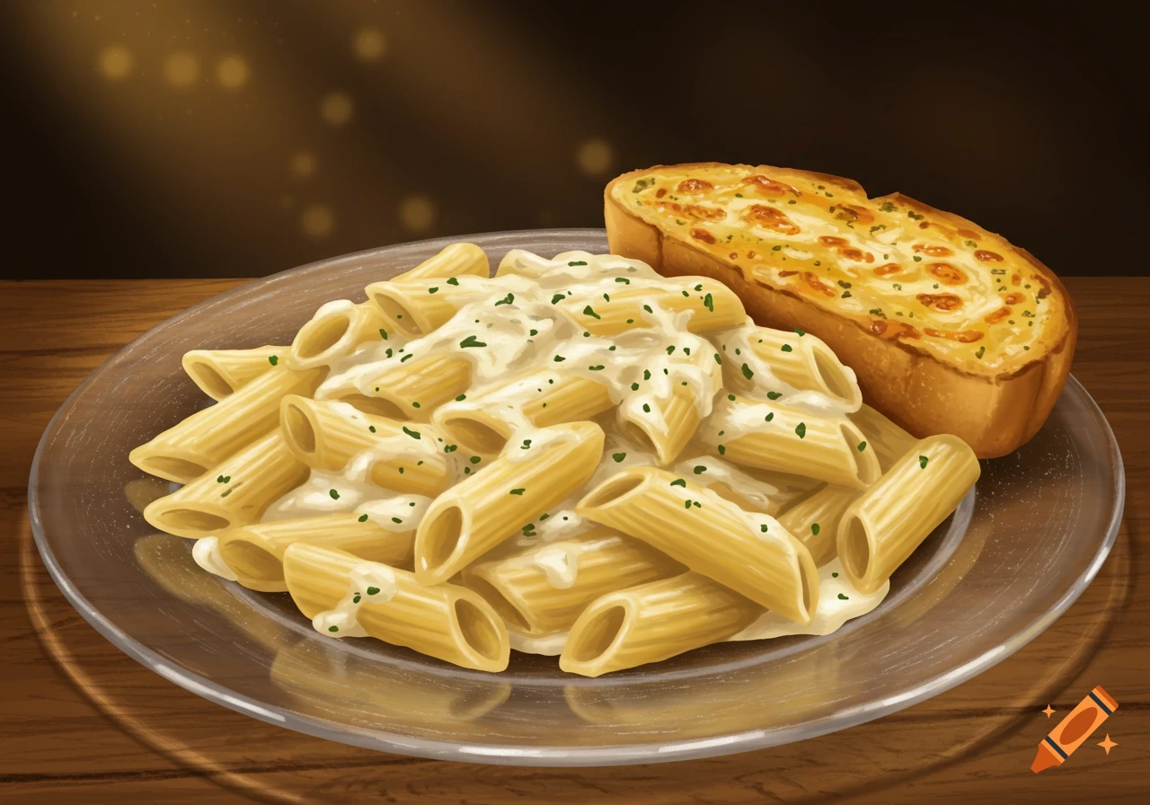 A plate of penne pasta with white sauce and green herbs, next to a piece of cheesy garlic bread, on a wooden table.
