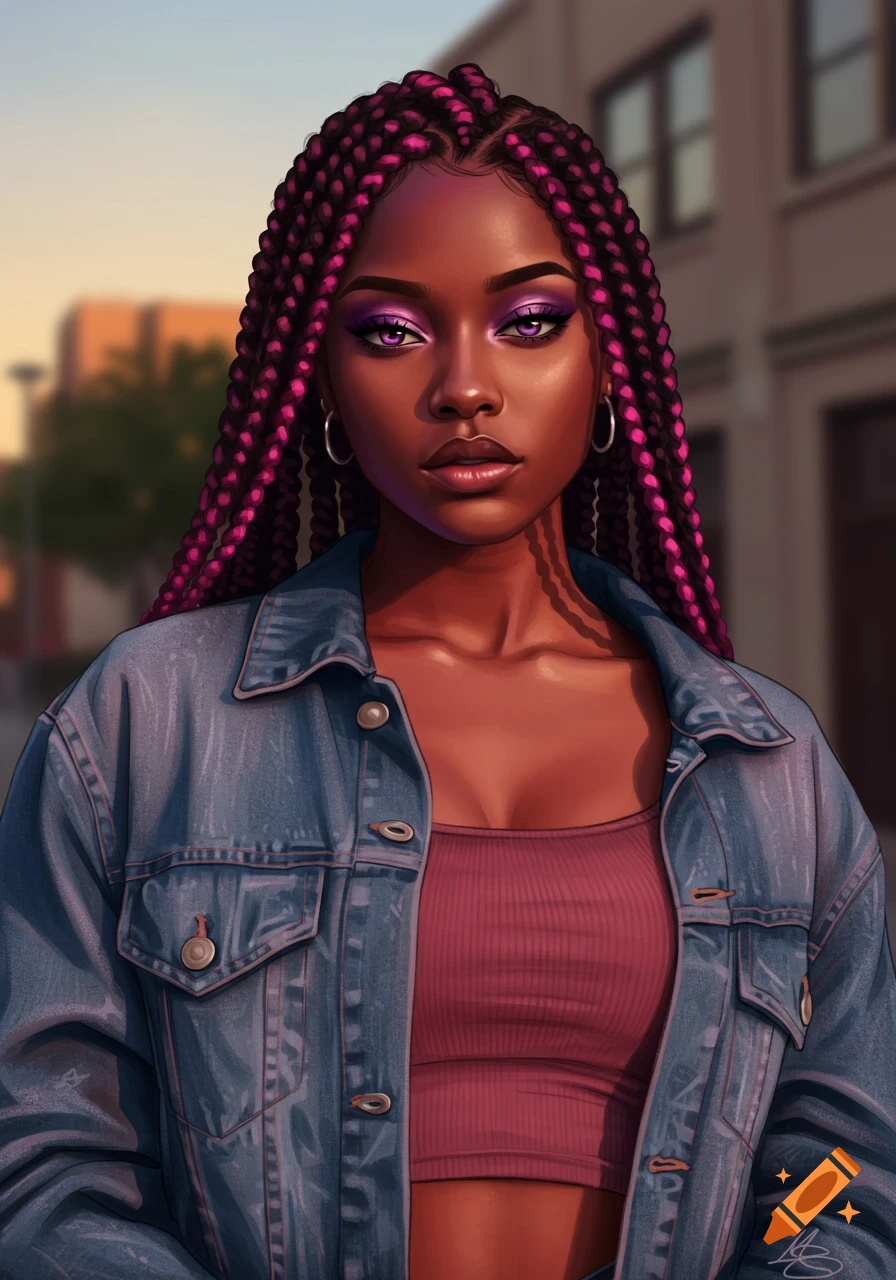 Young Black woman with purple eyeshadow and pink braids, wearing a denim jacket and crop top, standing outdoors. Digital illustration.
