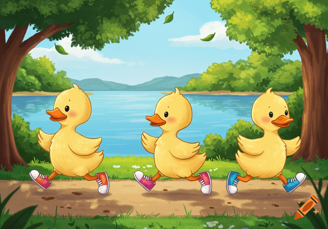 Three cute yellow cartoon ducks in colorful running shoes run on a dirt path next to a blue lake surrounded by green trees.
