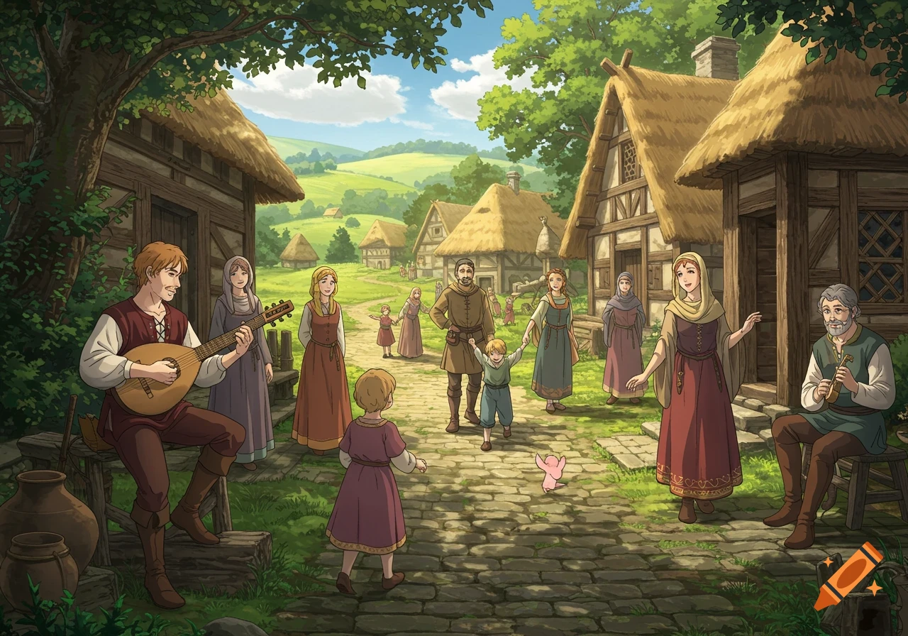 An anime-style illustration of a bustling medieval village with villagers gathered, a man playing a lute, and houses with thatched roofs under a blue sky.