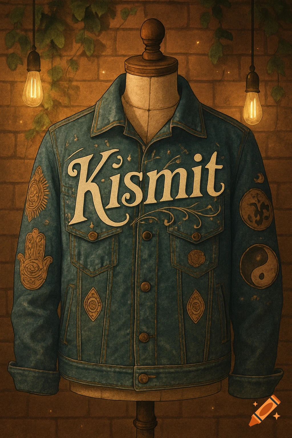 A blue denim jacket with 'Kismit' written on it and various symbols, displayed on a mannequin against a brick wall background.