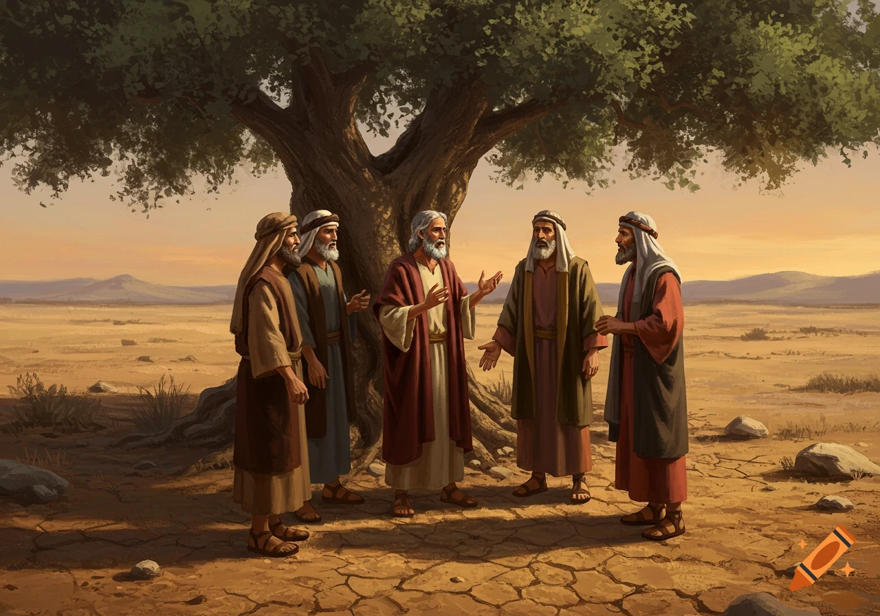 Five bearded men in ancient robes argue under a large tree in a dry, cracked desert landscape at sunset.