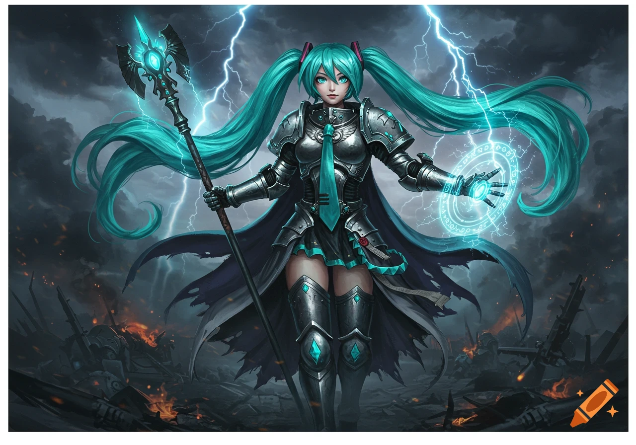 Hatsune Miku in metallic fantasy armor holding a staff, casting blue magic on a stormy battlefield with lightning.