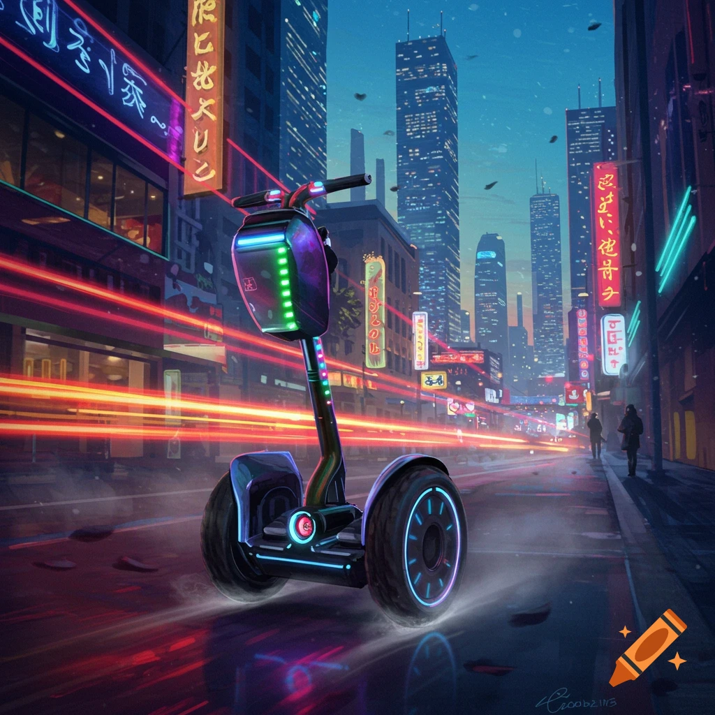 A glowing, futuristic Segway-like vehicle on a neon-lit street in a cyberpunk city at dusk.