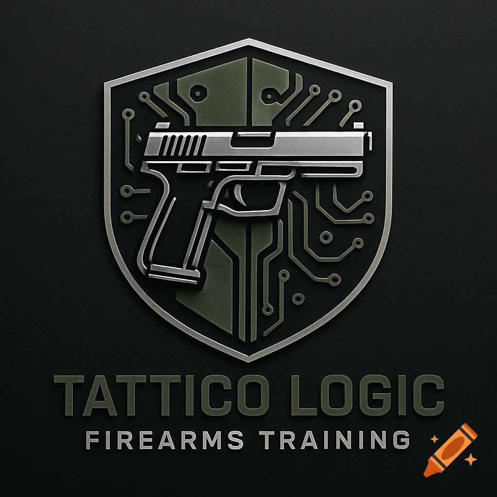 A metallic 3D logo featuring a handgun inside a shield with circuit board patterns, and the text 'Tattico Logic Firearms Training'.