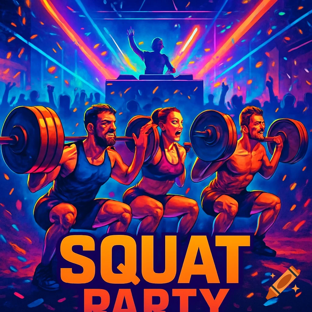 Three people squatting with barbells at a neon-lit 'Squat Party' with a DJ, in a vibrant digital art style.