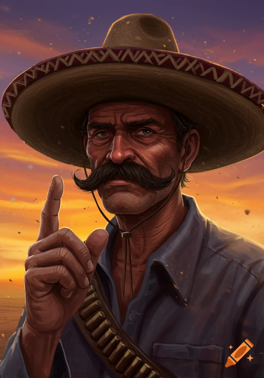 Illustrated portrait of a man with a thick mustache and sombrero, raising his forefinger, against a sunset.