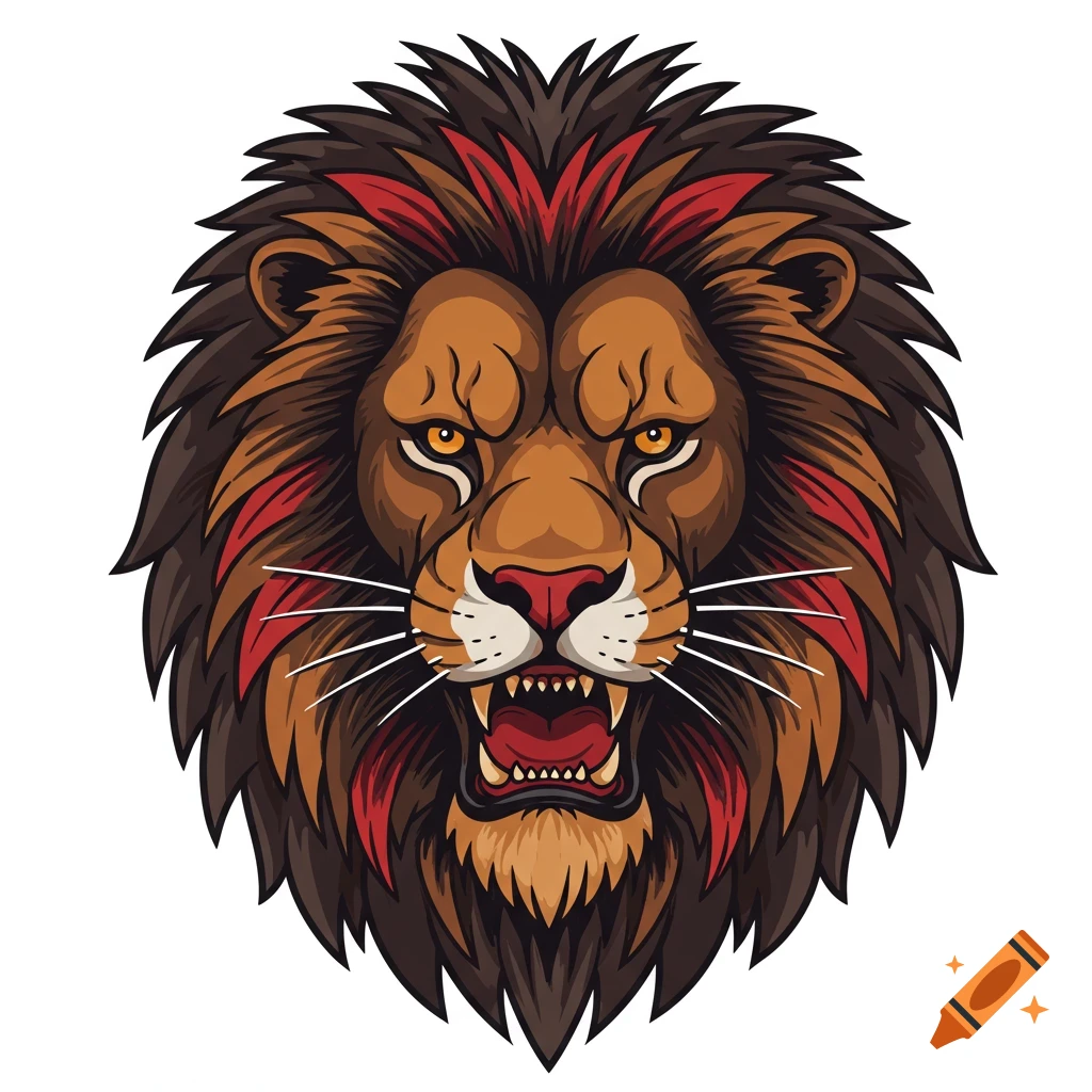 Stylized roaring lion head illustration in American tattoo vector style with brown fur and red mane accents.