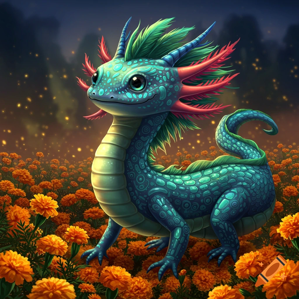 A vibrant blue and green axolotl-dragon hybrid, an Alebrije, stands in a field of orange marigold flowers under a twilight sky.