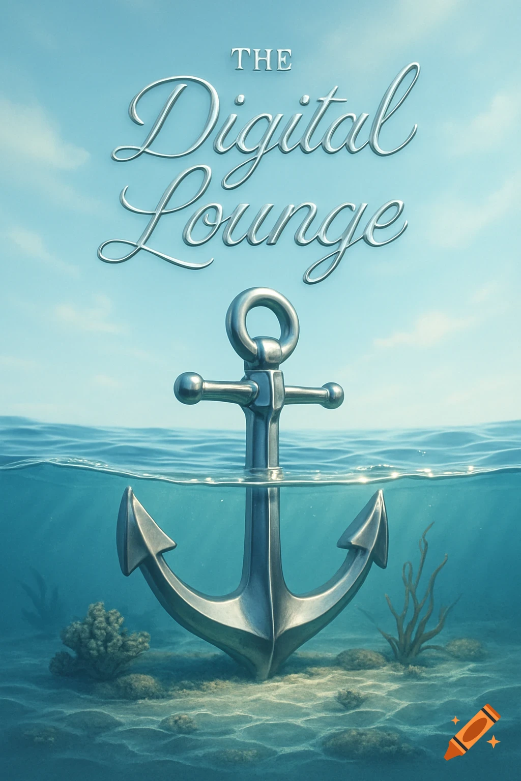 An anchor partially submerged in blue water, with the words 'THE Digital Lounge' floating above in the sky.