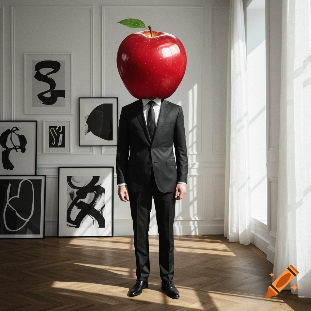 A man in a black suit with a large red apple for a head stands in a bright room with abstract art.