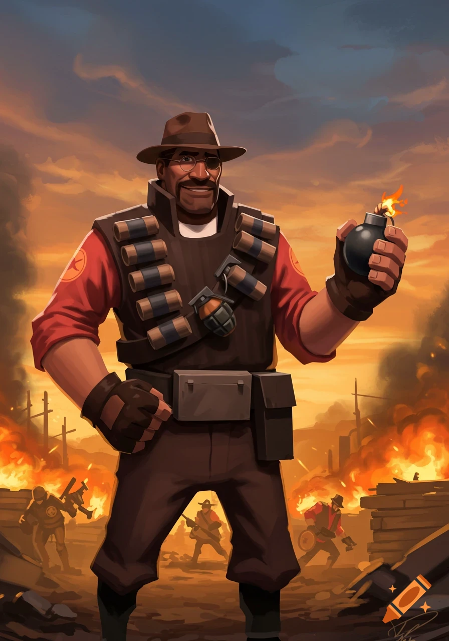 The TF2 Demoman, a dark-skinned man in a hat and uniform, smiles while holding a lit bomb in a stylized battlefield with explosions.