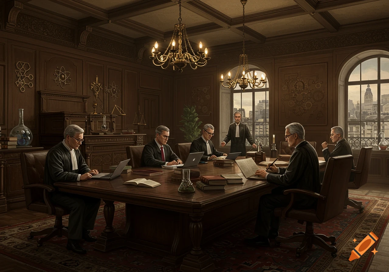 Men in academic robes conduct a formal meeting and research in a wood-paneled room with large windows overlooking a city.
