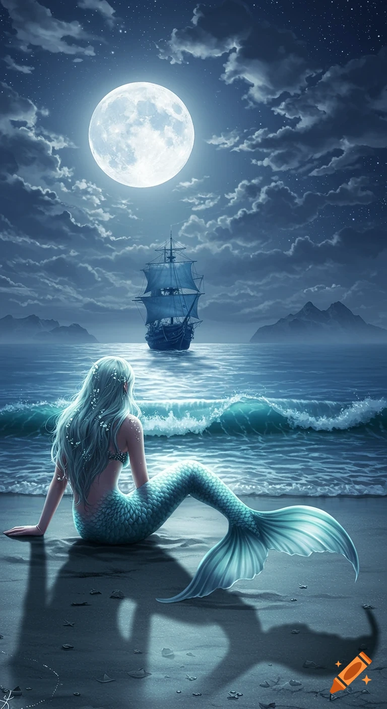 A mermaid with a teal tail sits on a moonlit shore, looking at a sailing ship on the dark ocean. Painting style.