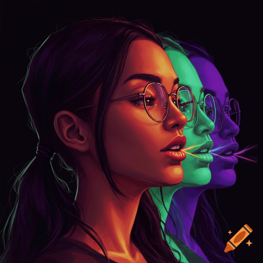 Psychedelic illustration of a woman's neon-colored side profile, with offset copies behind her and glowing stripes from her mouth.