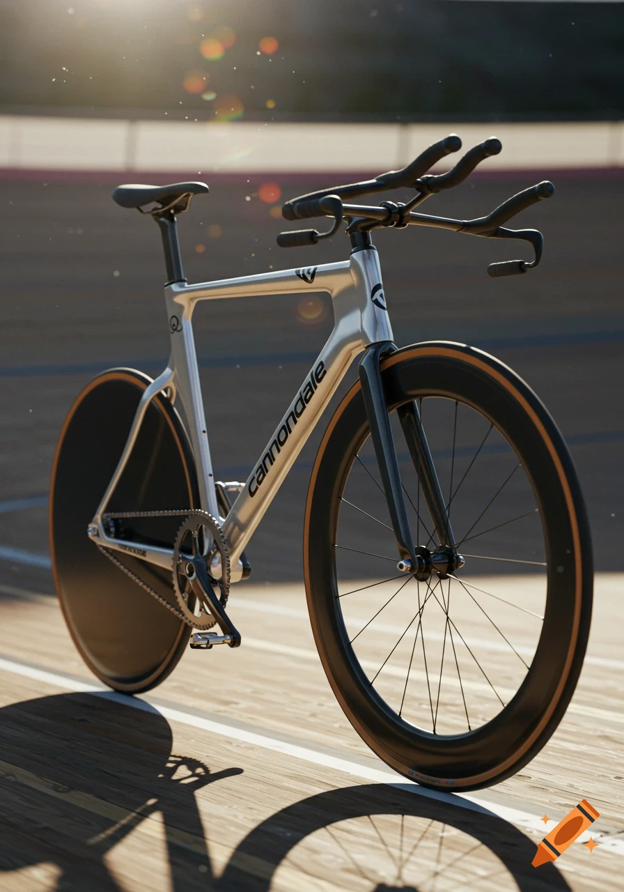 Photorealistic image of a silver and black aerodynamic track cycling bicycle on a sunny wooden velodrome track.
