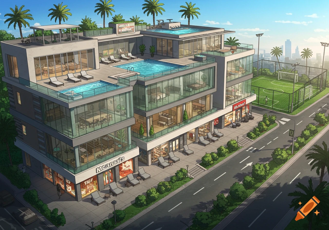 Cartoon illustration of a modern building with multiple swimming pools, a football pitch, and storefronts, under a clear sky.