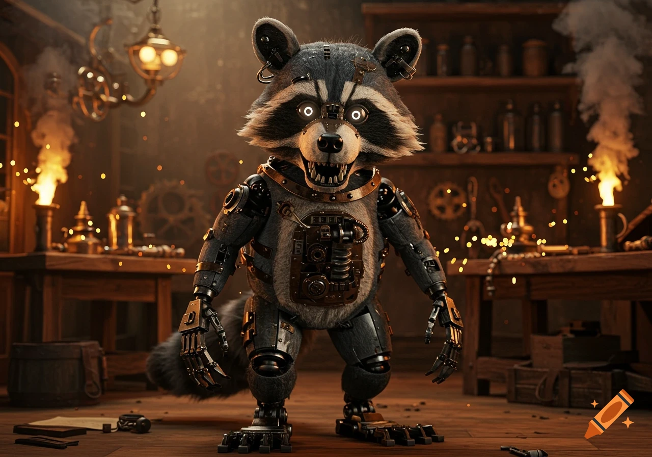 A menacing raccoon animatronic with glowing eyes and sharp teeth stands in a dimly lit steampunk workshop.