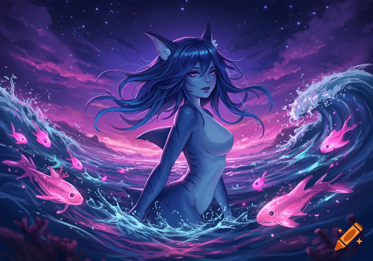 Vibrant anime shark girl with blue hair in a purple and pink ocean with glowing pink fish at sunset.