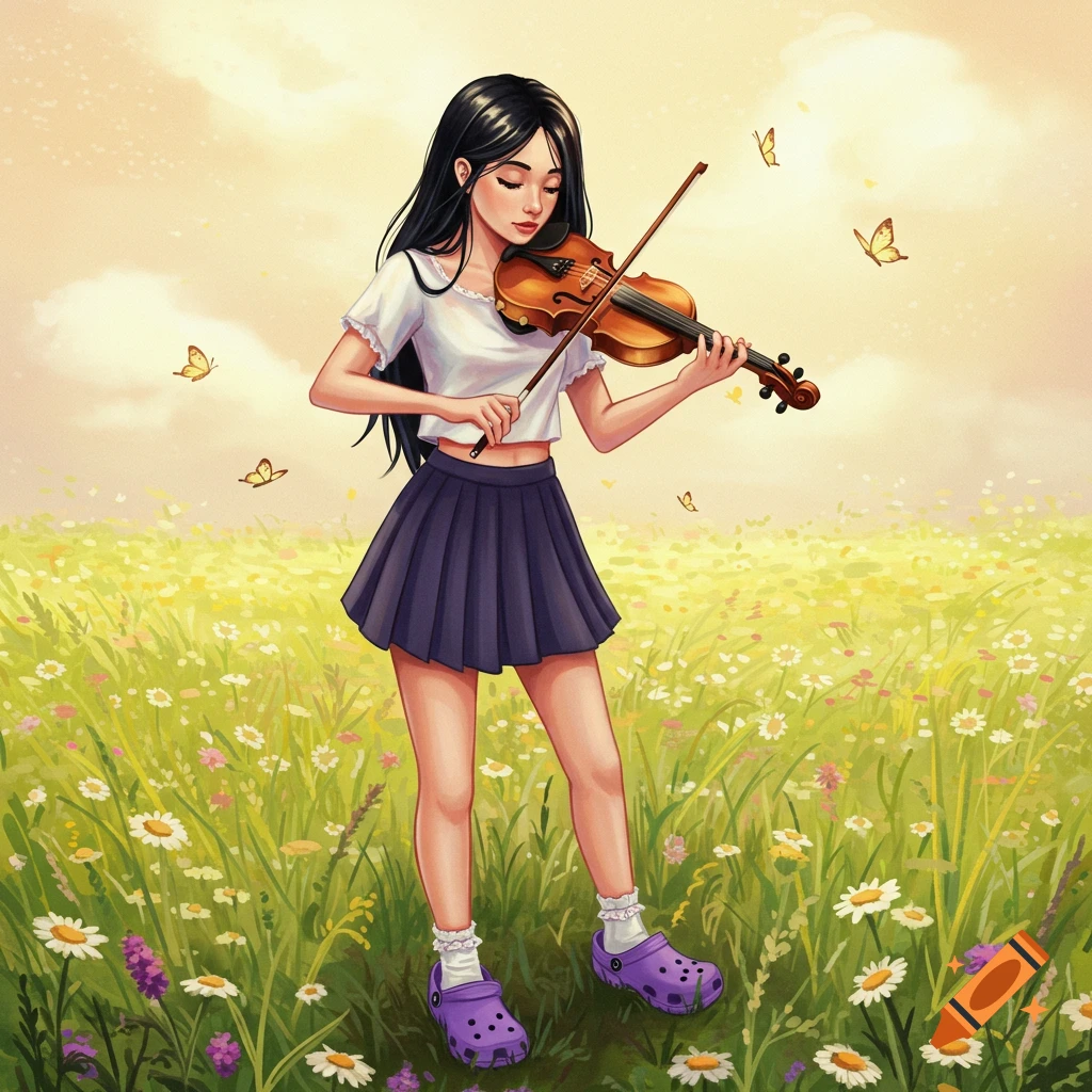 A young woman with black hair plays a violin in a sunny field of wildflowers and butterflies. The image is a vibrant illustration.