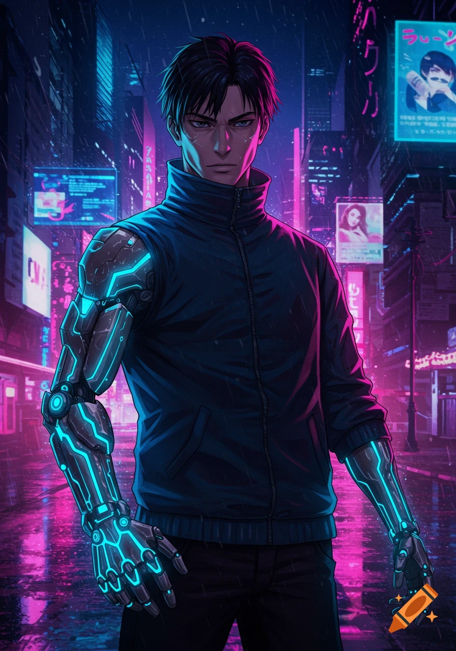 Anime man with glowing blue cybernetic arms stands in a rainy, neon-lit cyberpunk city.