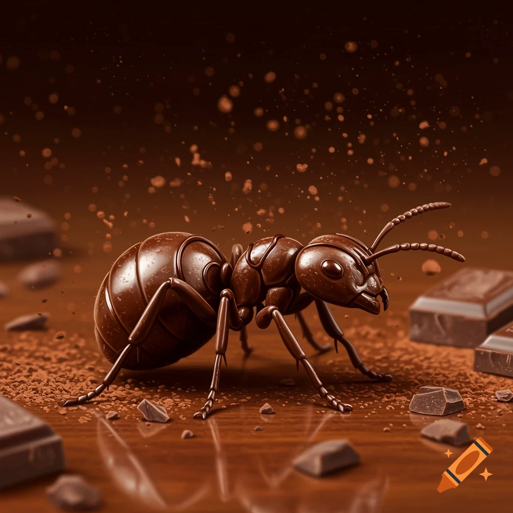 A photorealistic macro image of an ant made entirely of dark chocolate, standing on a chocolate-dusted surface with chocolate pieces.