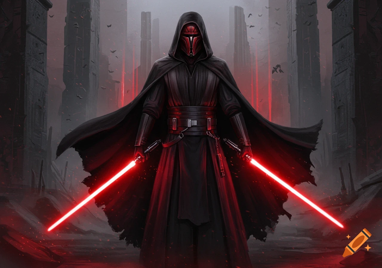 A dark figure in black robes and a red mask, resembling Darth Revan, stands wielding two glowing red lightsabers in a ruined, stormy city.